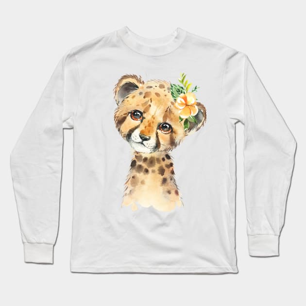 Adorable Cheetah with Flower Long Sleeve T-Shirt by Krisb1371